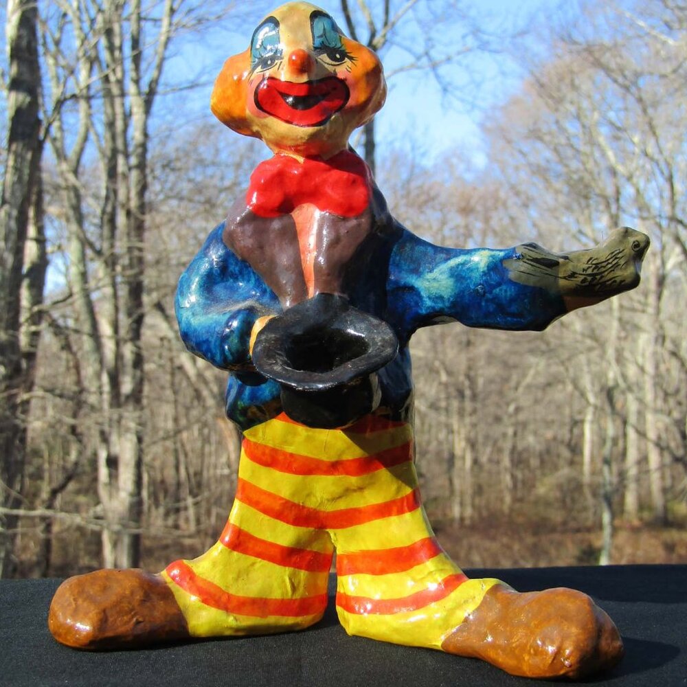 Vintage 1960s Mexican Folk Art Papier Mache Clown Figurine Signed Paulina